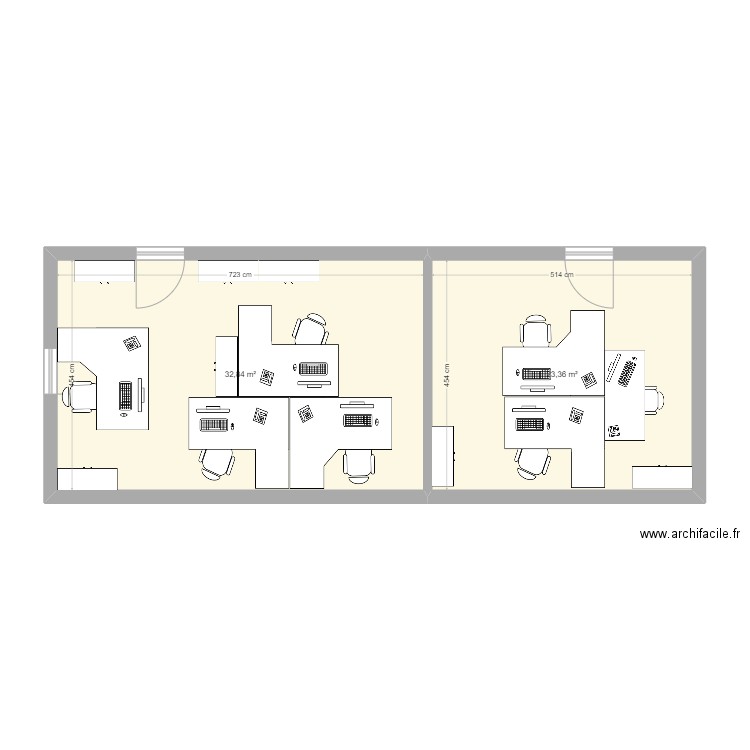 Bureau maint. Plan de 2 pièces et 56 m2