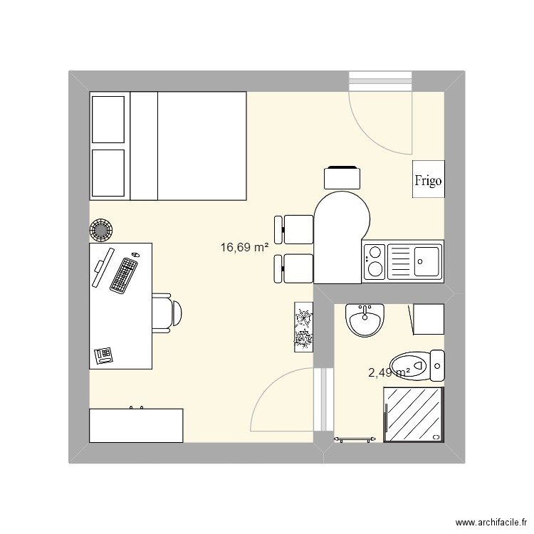 appart 20m2. Plan de 2 pièces et 19 m2