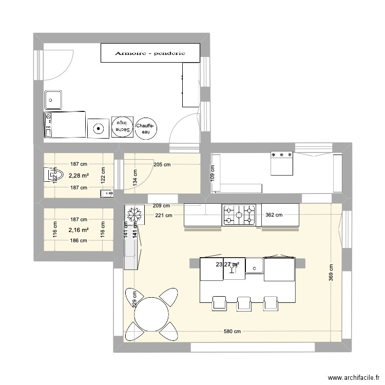 extension cuisine ++. Plan de 3 pièces et 28 m2