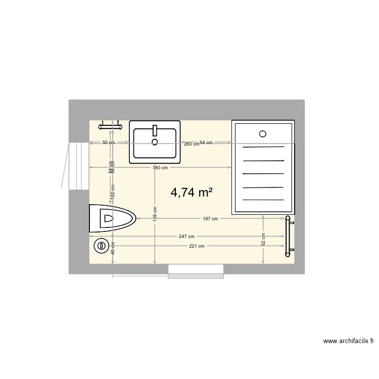 Salle de douche. Plan de 1 pièce et 5 m2