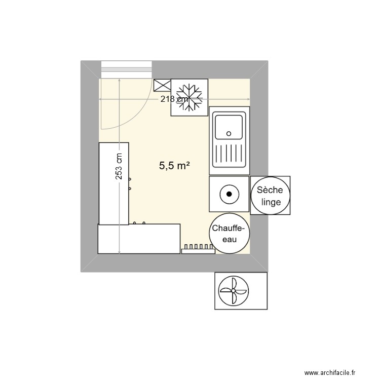 Buanderie. Plan de 1 pièce et 6 m2