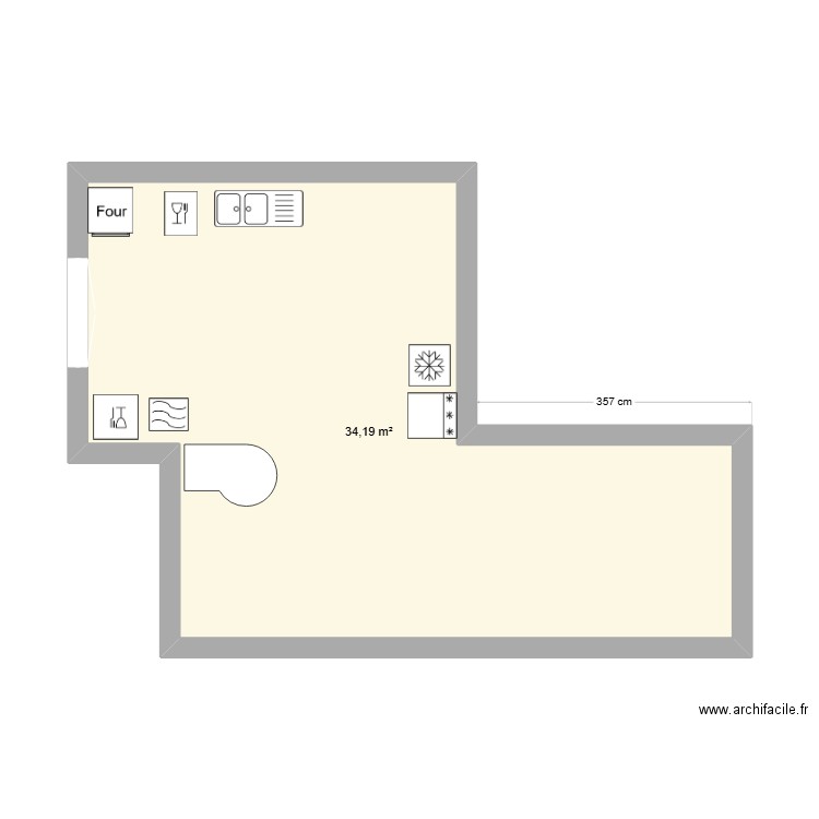 cuisine. Plan de 1 pièce et 34 m2