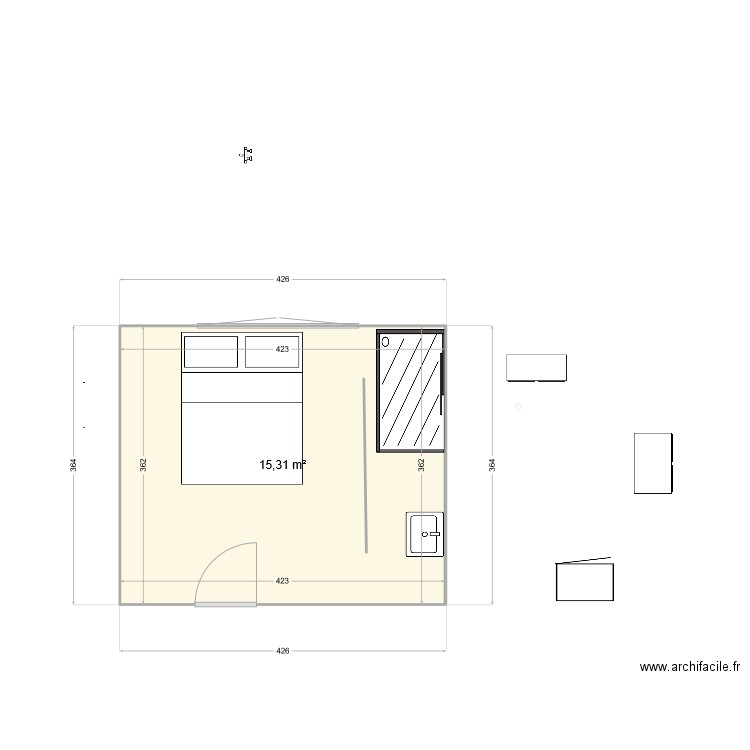Chambre RDC 3. Plan de 1 pièce et 15 m2