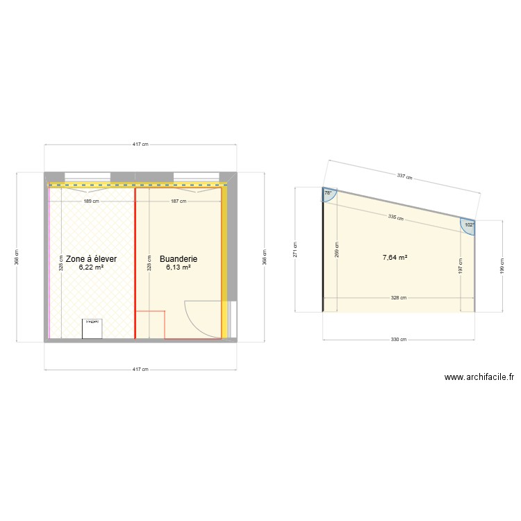 Buanderie Faucheux. Plan de 3 pièces et 20 m2