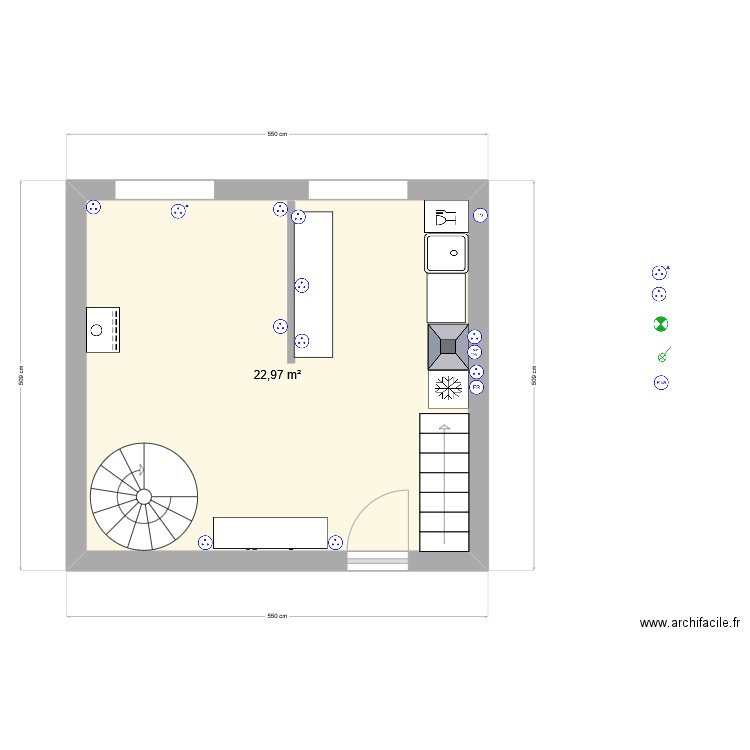 piece de vie. Plan de 1 pièce et 23 m2