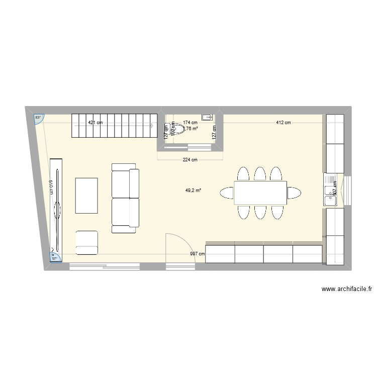 rdc. Plan de 2 pièces et 51 m2