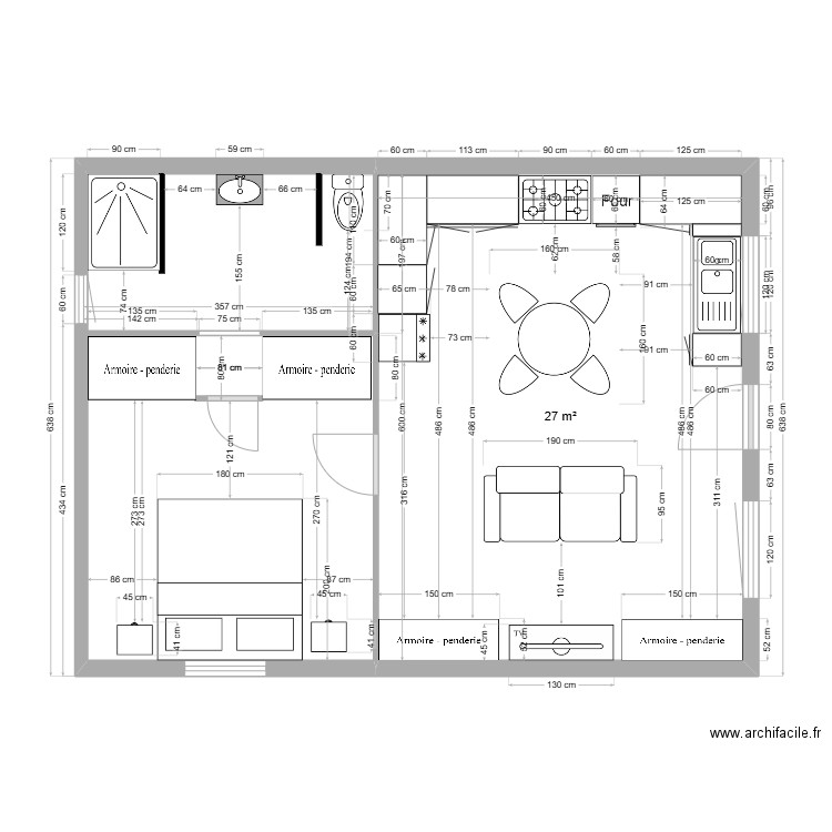 Maison 8 x 6 Centre avec cotations. Plan de 1 pièce et 27 m2