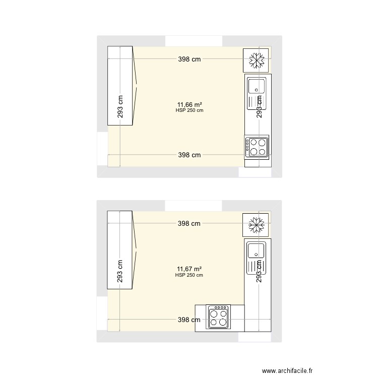 Cuisine 2A-2B. Plan de 2 pièces et 23 m2