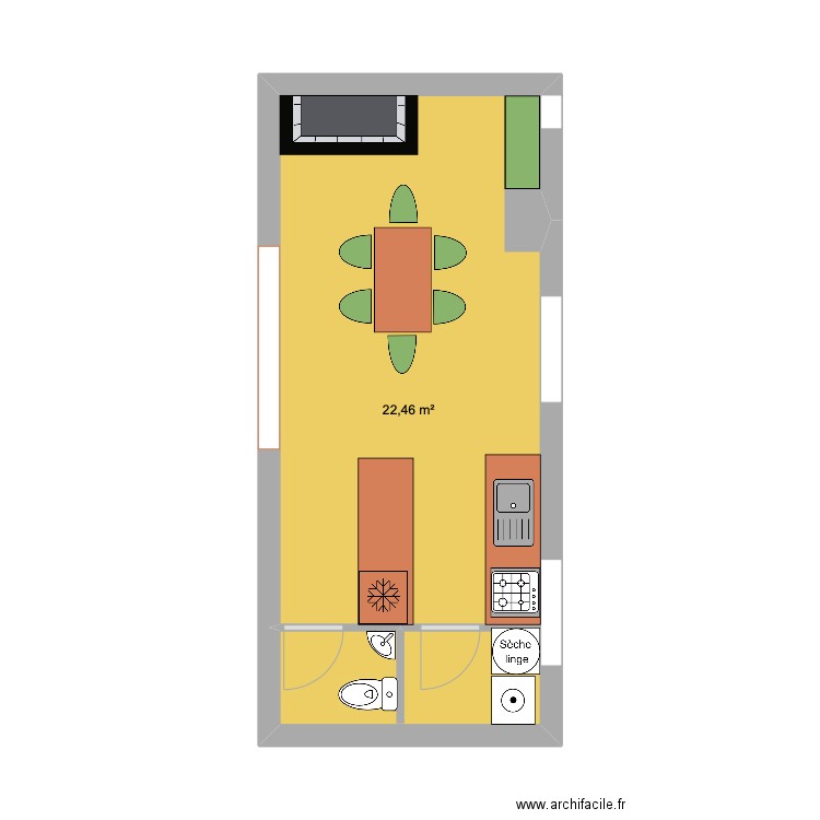 RDC cuisine Casa Aqui version 3. Plan de 1 pièce et 22 m2