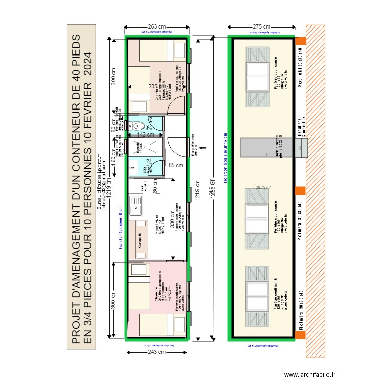 CONTENEUR 40 PIEDS AMENAGE EN 3/4 PIECES 20 MARS 2024. Plan de 1 pièce et 29 m2