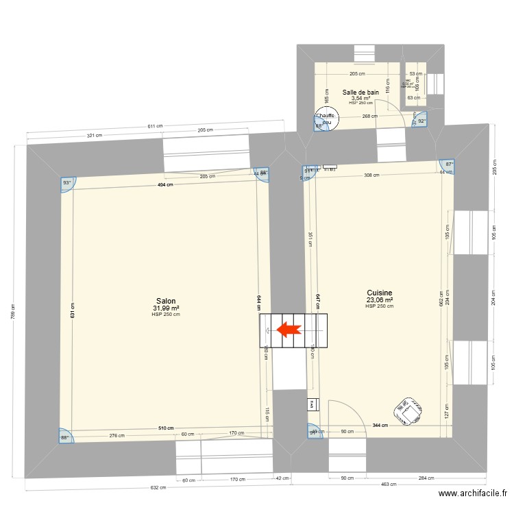 plan rdc maison et grange. Plan de 4 pièces et 59 m2