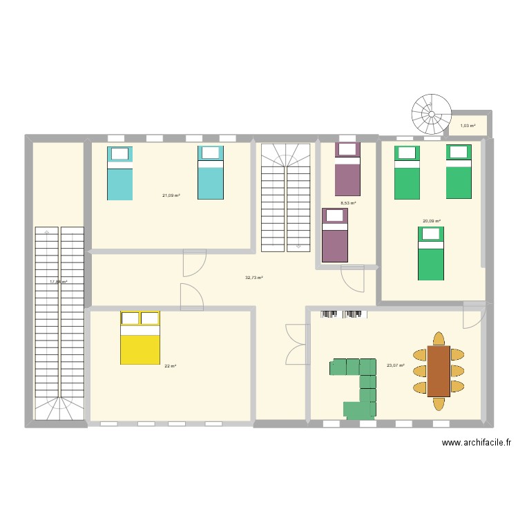 1 er etage. Plan de 8 pièces et 146 m2