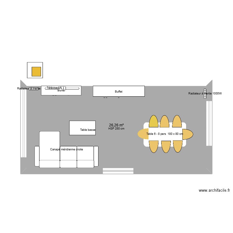 salon. Plan de 1 pièce et 26 m2