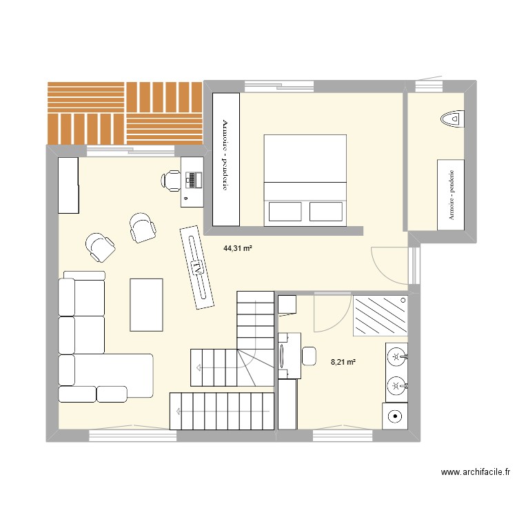 deuxième étage. Plan de 2 pièces et 53 m2