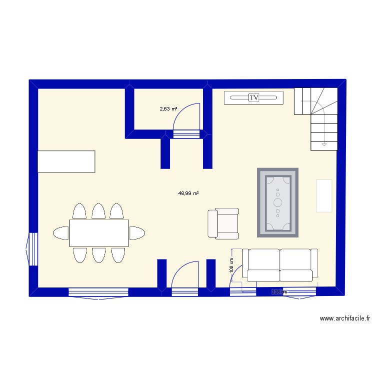 rdz chaussé bis. Plan de 2 pièces et 52 m2