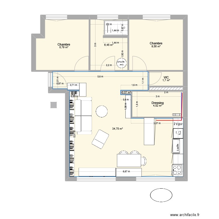 Plan V8 pipo. Plan de 8 pièces et 66 m2