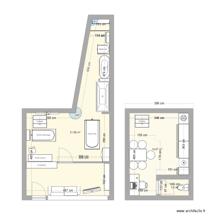 Salon de toilettage. Plan de 3 pièces et 48 m2