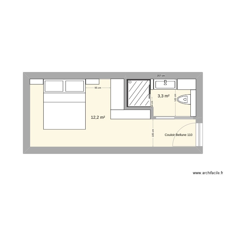 PLAN CHAMBRE TYPE BELLUNE V4. Plan de 2 pièces et 16 m2