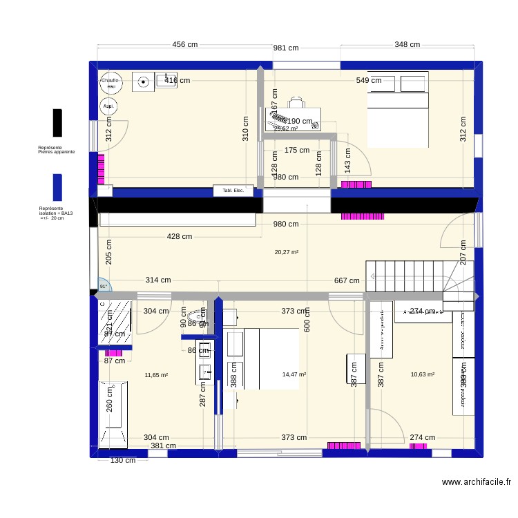 RDC_implantation. Plan de 5 pièces et 87 m2