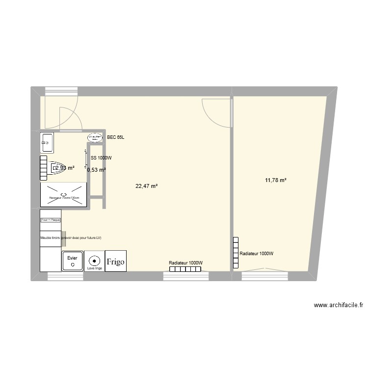 Plan Cuisine et équipements Sanitaires. Plan de 4 pièces et 38 m2