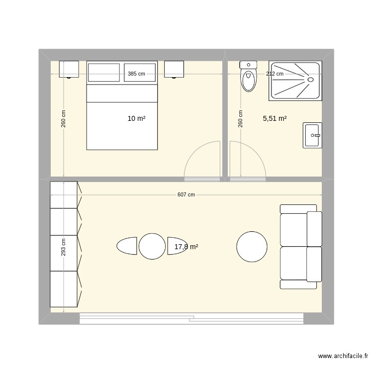 Plan gîte Trillade. Plan de 3 pièces et 33 m2