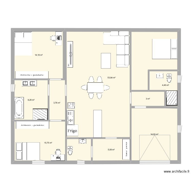 plain pied. Plan de 9 pièces et 123 m2