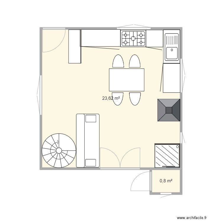 chalet rez de chaussé. Plan de 2 pièces et 24 m2