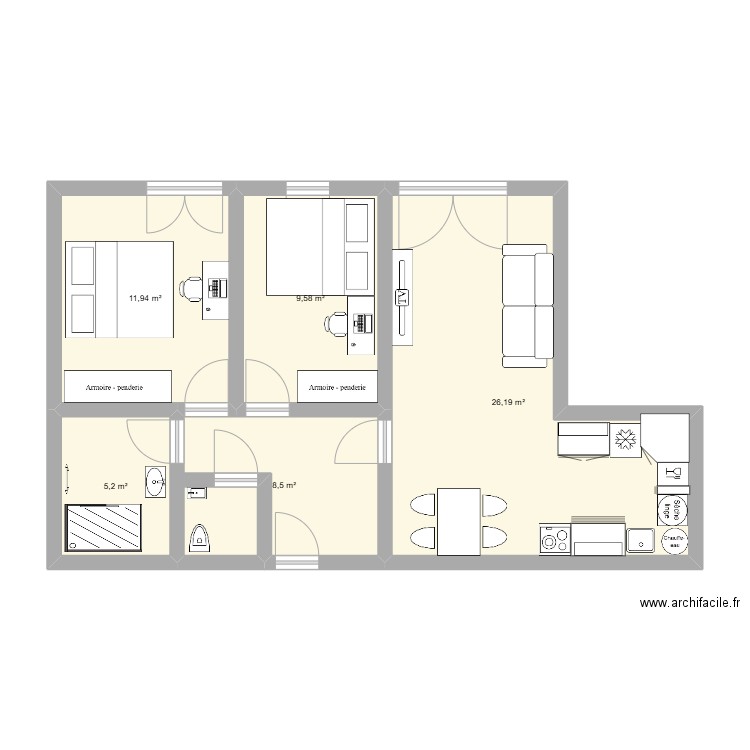 Aménagement Bordeaux. Plan de 5 pièces et 61 m2