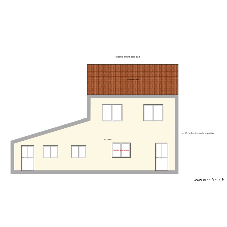 facade avant sud. Plan de 1 pièce et 59 m2