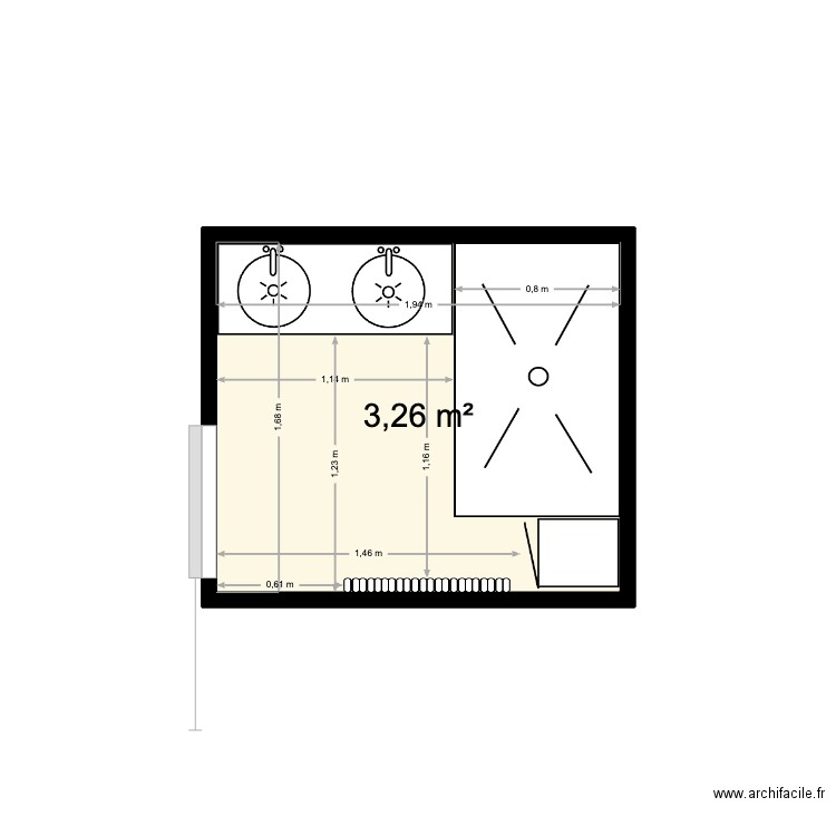 sdb cordier. Plan de 1 pièce et 3 m2