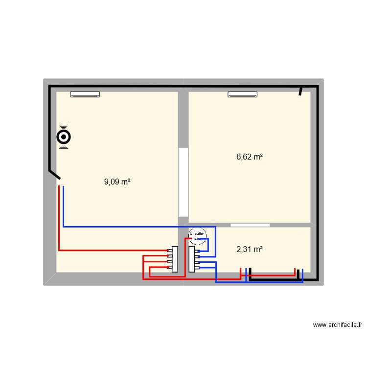 Plomberie. Plan de 3 pièces et 18 m2