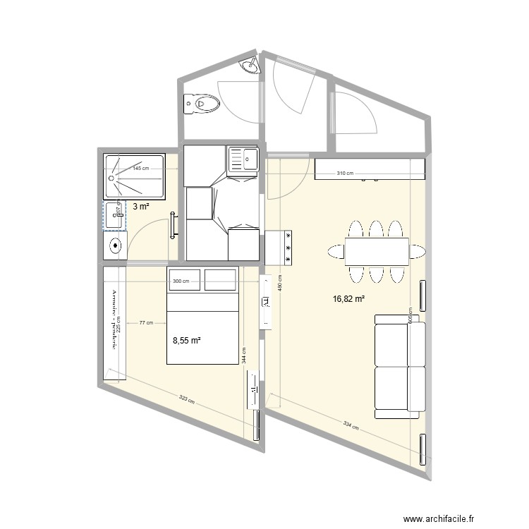 B52. Plan de 3 pièces et 28 m2