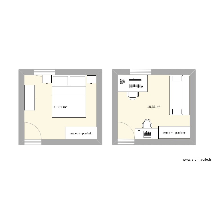 chambre 2. Plan de 2 pièces et 21 m2