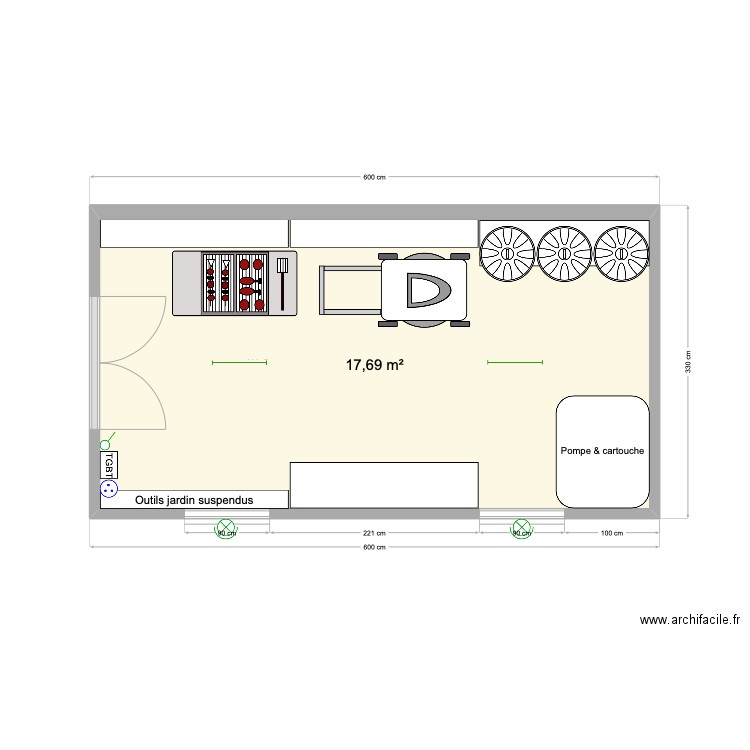 Abri de jardin. Plan de 1 pièce et 18 m2