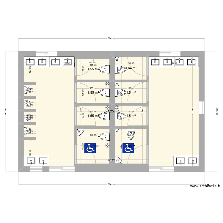 toilette école . Plan de 9 pièces et 39 m2