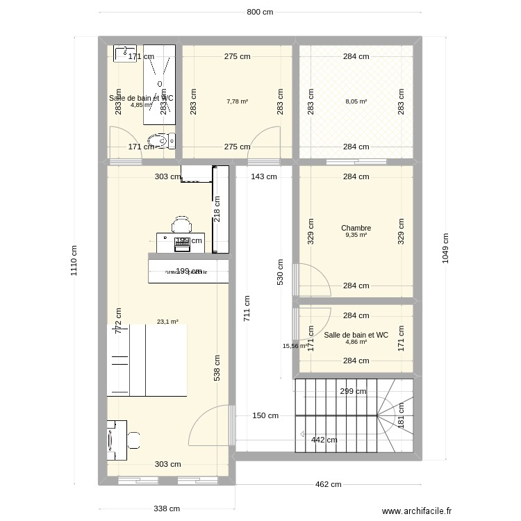 etg2. Plan de 7 pièces et 74 m2