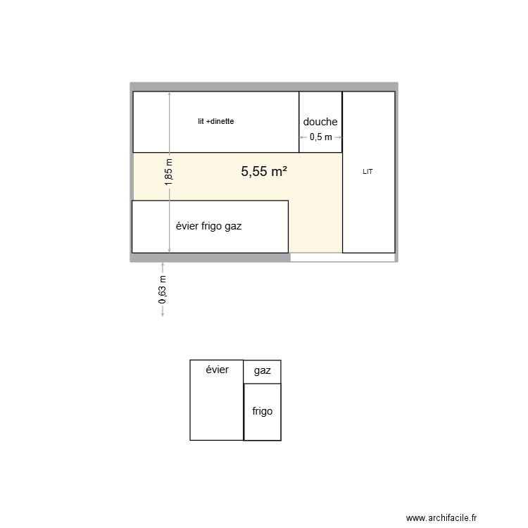 L2H2 dinette lit entrée variante. Plan de 1 pièce et 6 m2