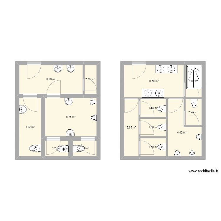 Plan.Wc.Initial. Plan de 14 pièces et 43 m2