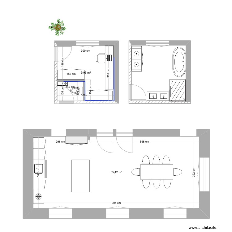 charbolila. Plan de 2 pièces et 44 m2