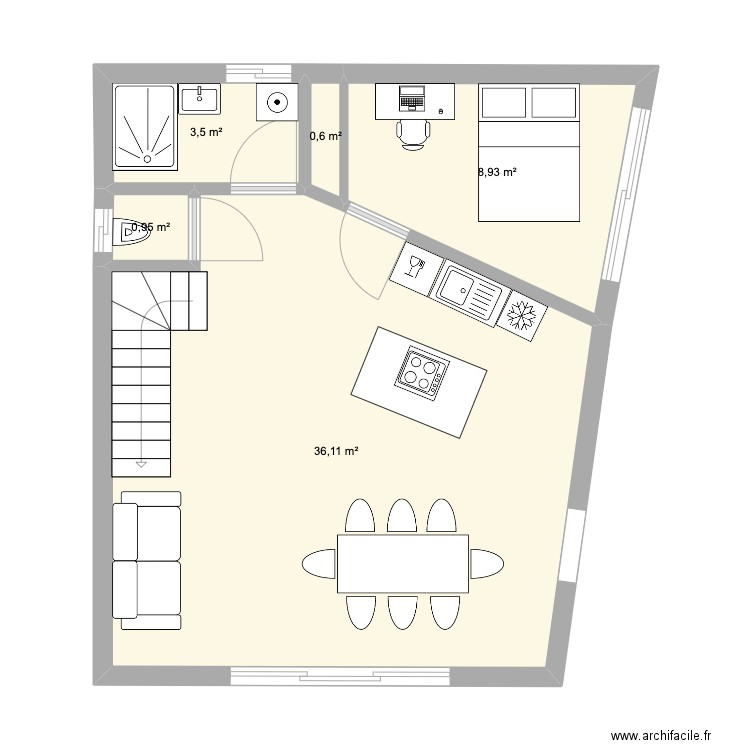 P2 bas. Plan de 5 pièces et 50 m2