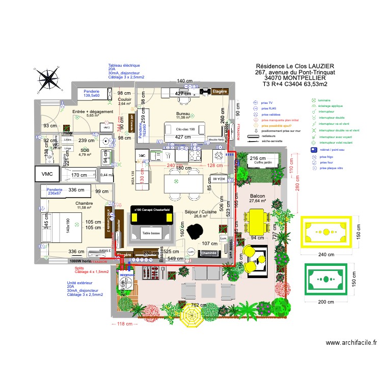 T3 C3404 _ Résidence Le Clos Lauzier 4 (cuisine 2,4m choix 2 avec clim2). Plan de 8 pièces et 91 m2