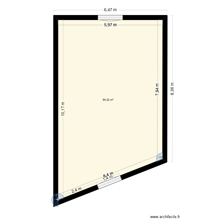 grange. Plan de 1 pièce et 54 m2