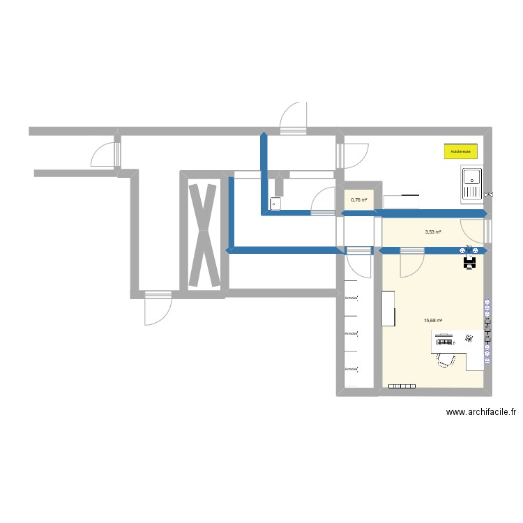 laverie SM. Plan de 3 pièces et 20 m2