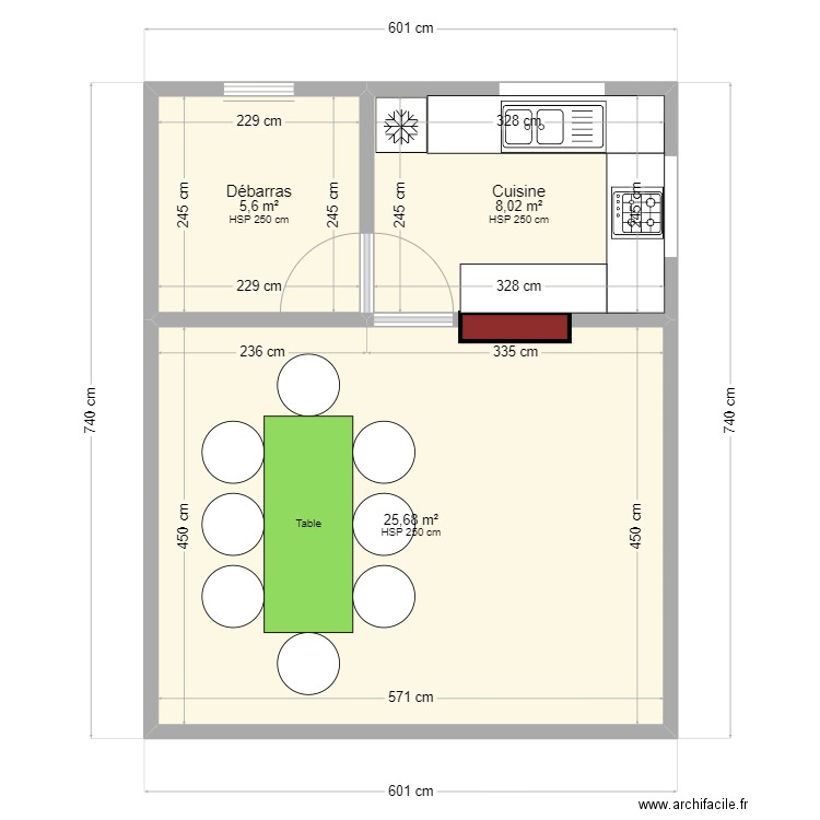 Faré. Plan de 3 pièces et 39 m2