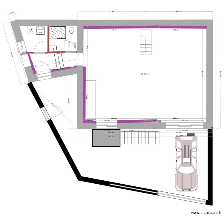 Escalier intérieur bifurqué sans garage. Plan de 1 pièce et 62 m2