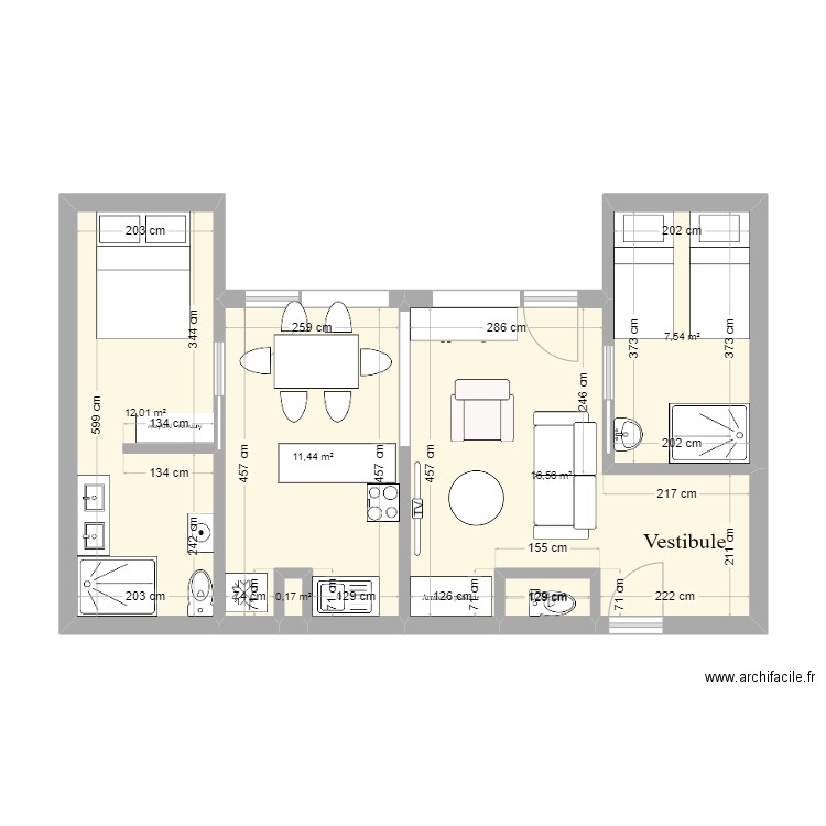 Coches pentes v3. Plan de 6 pièces et 48 m2