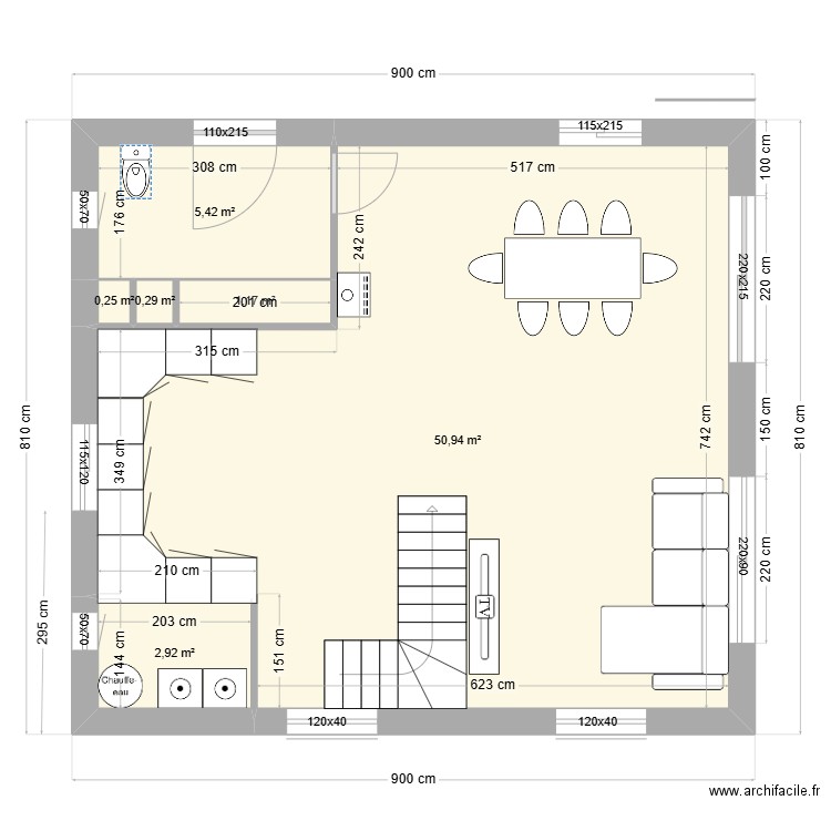 RDC JORGE . Plan de 6 pièces et 61 m2