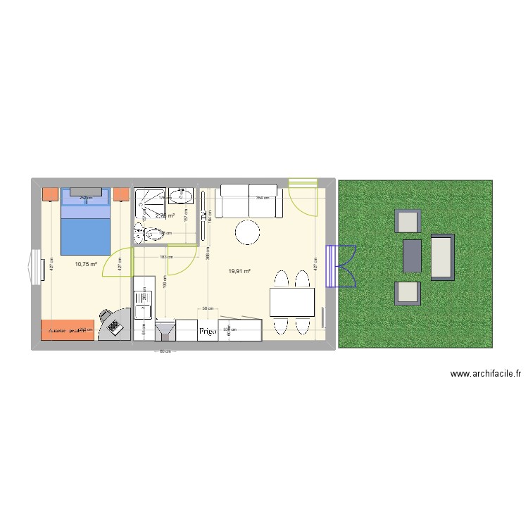 Appartement T2 RDC. Plan de 3 pièces et 33 m2