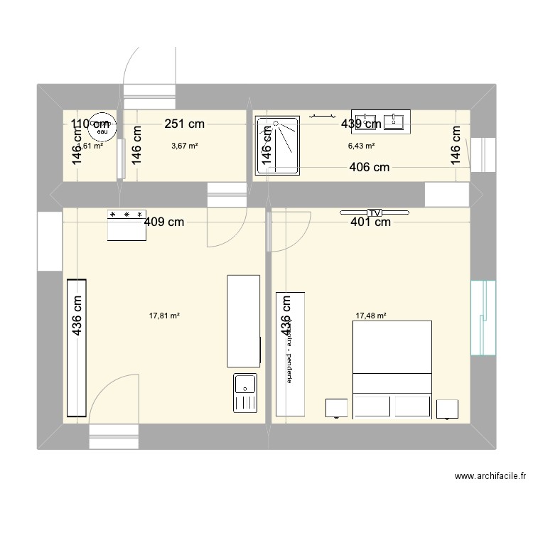 rez de chaussée. Plan de 5 pièces et 47 m2