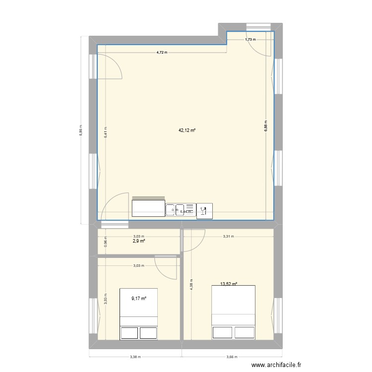 Gd chambre. Plan de 4 pièces et 68 m2